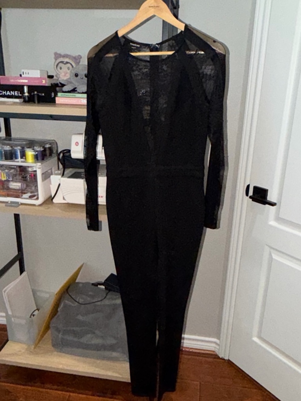 bebe Black Long-Sleeve Sheer-Panel Jumpsuit